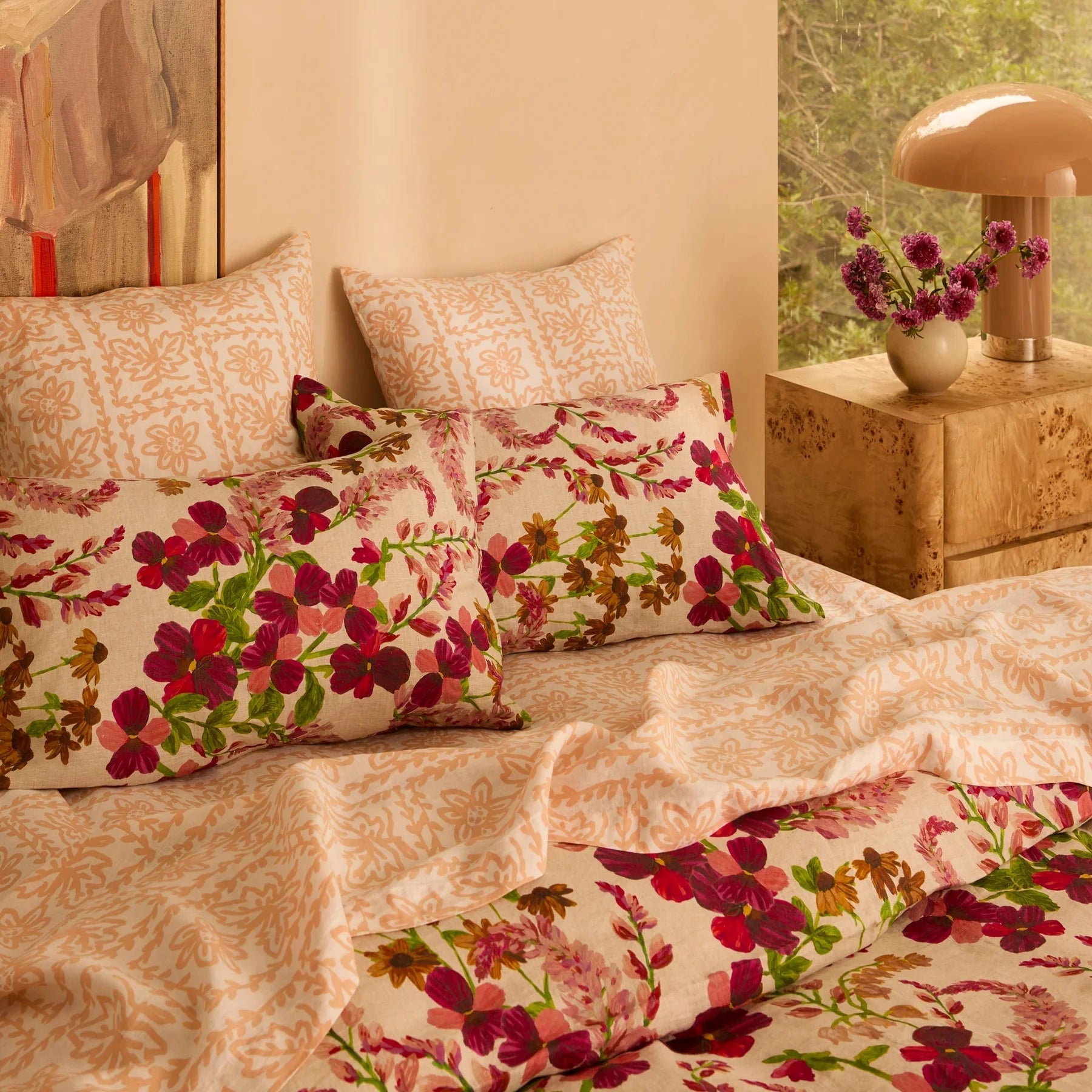Bonnie & Neil Lupin Multi Linen Standard Pillowcases in stonewashed French flax linen with colourful hand-drawn botanical print