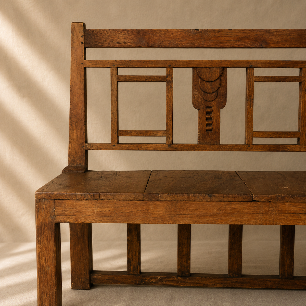 One-of-a-kind vintage Indian wooden bench with square geometric back, carved detailing and beautifully aged timber, exclusive to Brookfield Gardens.