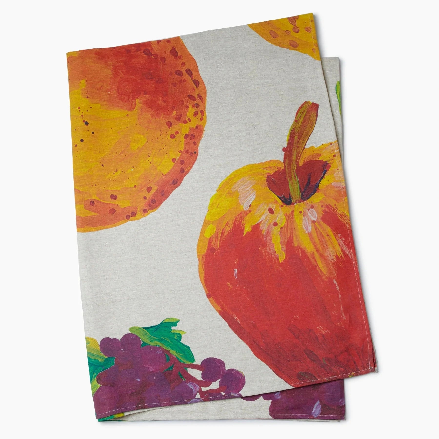Two colorful fabric towels with fruit designs on a white background