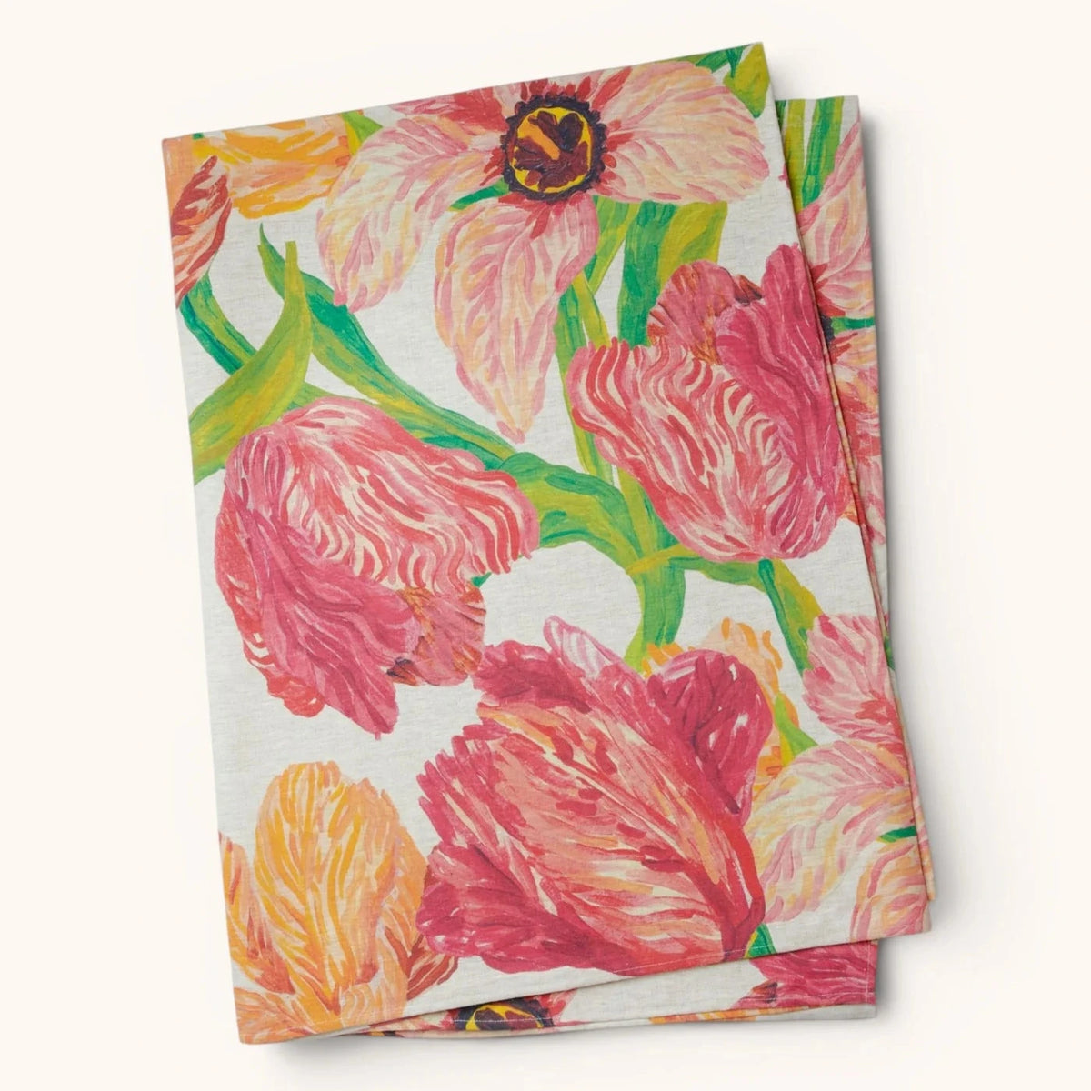 Floral patterned fabric with pink and orange flowers on a white background