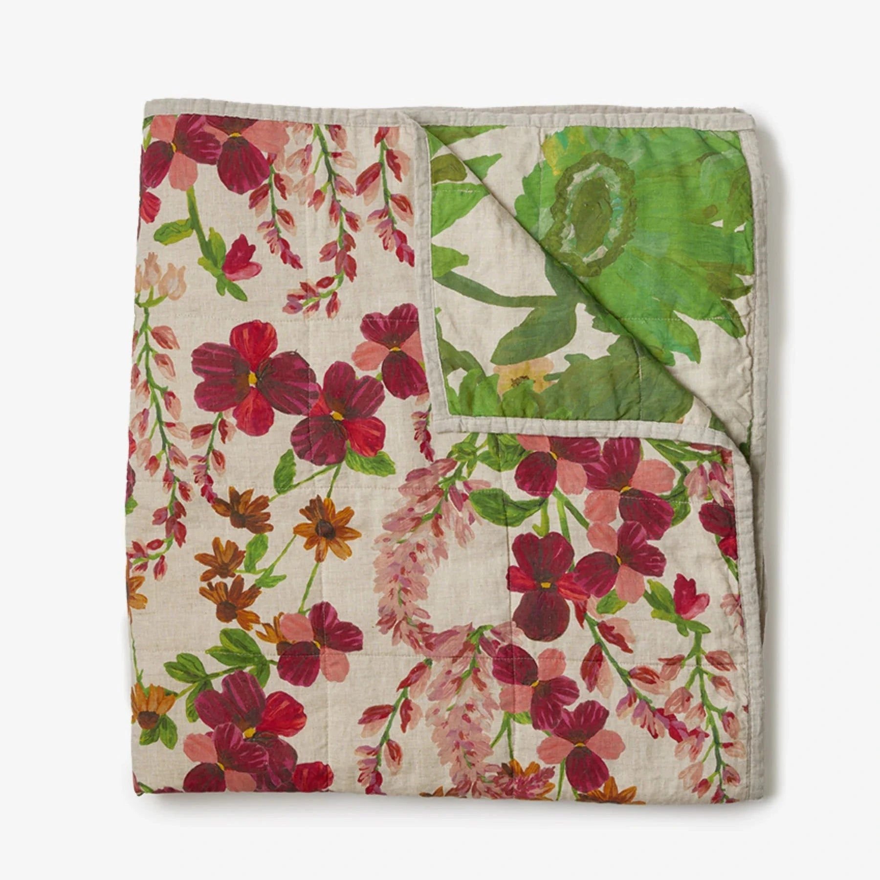Bonnie & Neil Lupin Multi and Marigold Leaf reversible quilted linen throw with colourful botanical prints and textured quilting