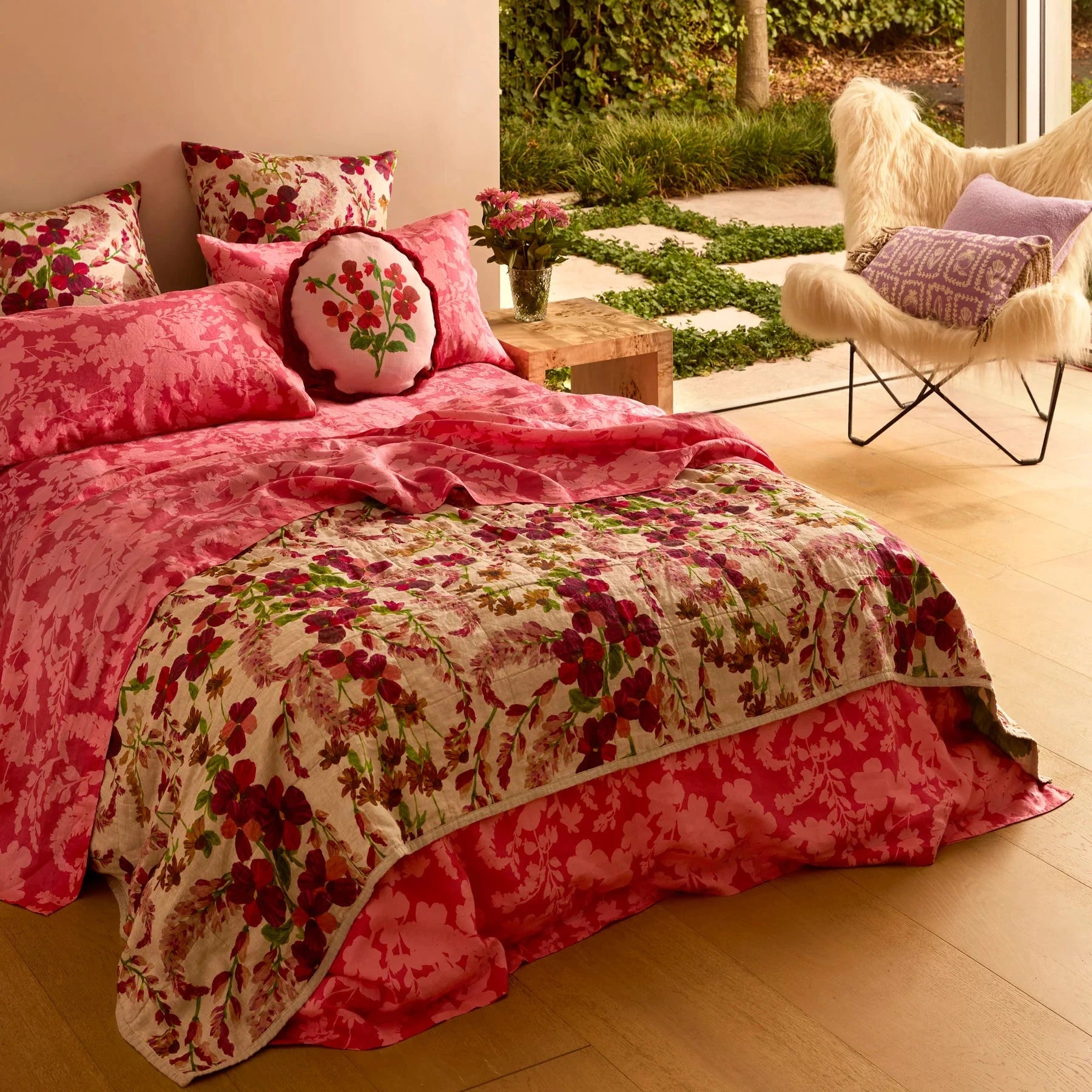 Bonnie & Neil Lupin Multi and Marigold Leaf reversible quilted linen throw with colourful botanical prints and textured quilting