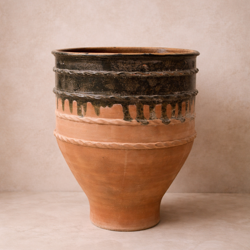 Turkish terracotta pot with dark green drip glaze and decorative rope band detailing.