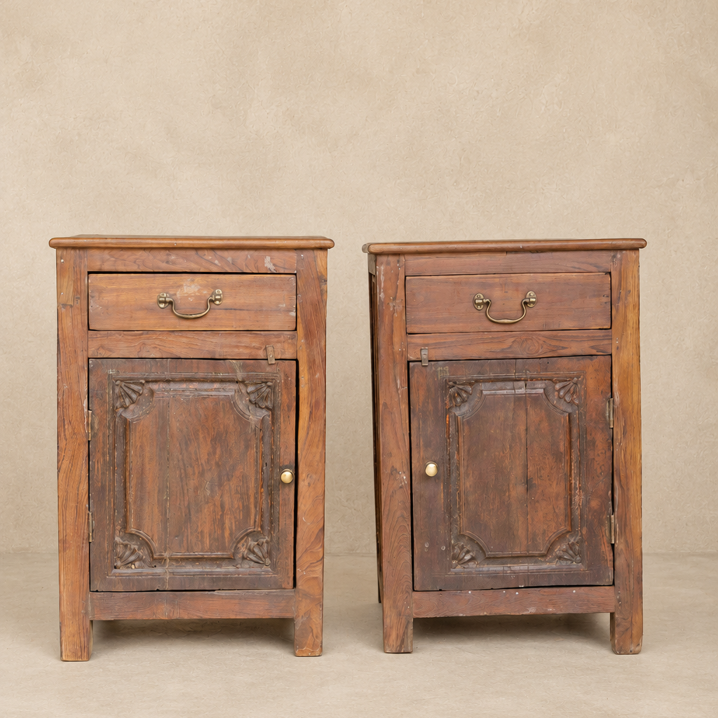 Vintage wooden bedside table from India with one drawer, cupboard and carved timber door, sold separately, exclusive to Brookfield Gardens Brisbane.