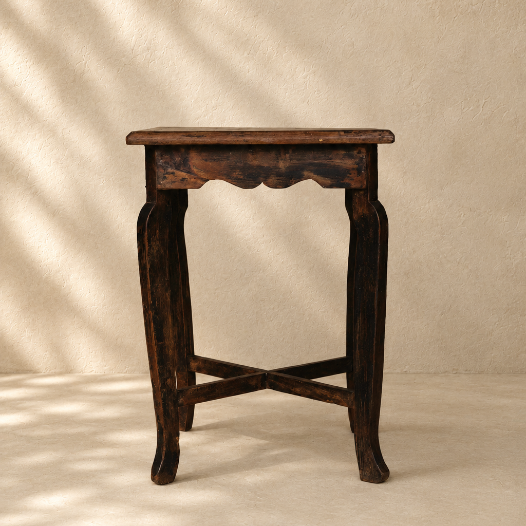 Vintage wooden side table from India, 45 x 61cm, with curved legs, scalloped apron and aged timber finish, exclusive to Brookfield Gardens Brisbane.