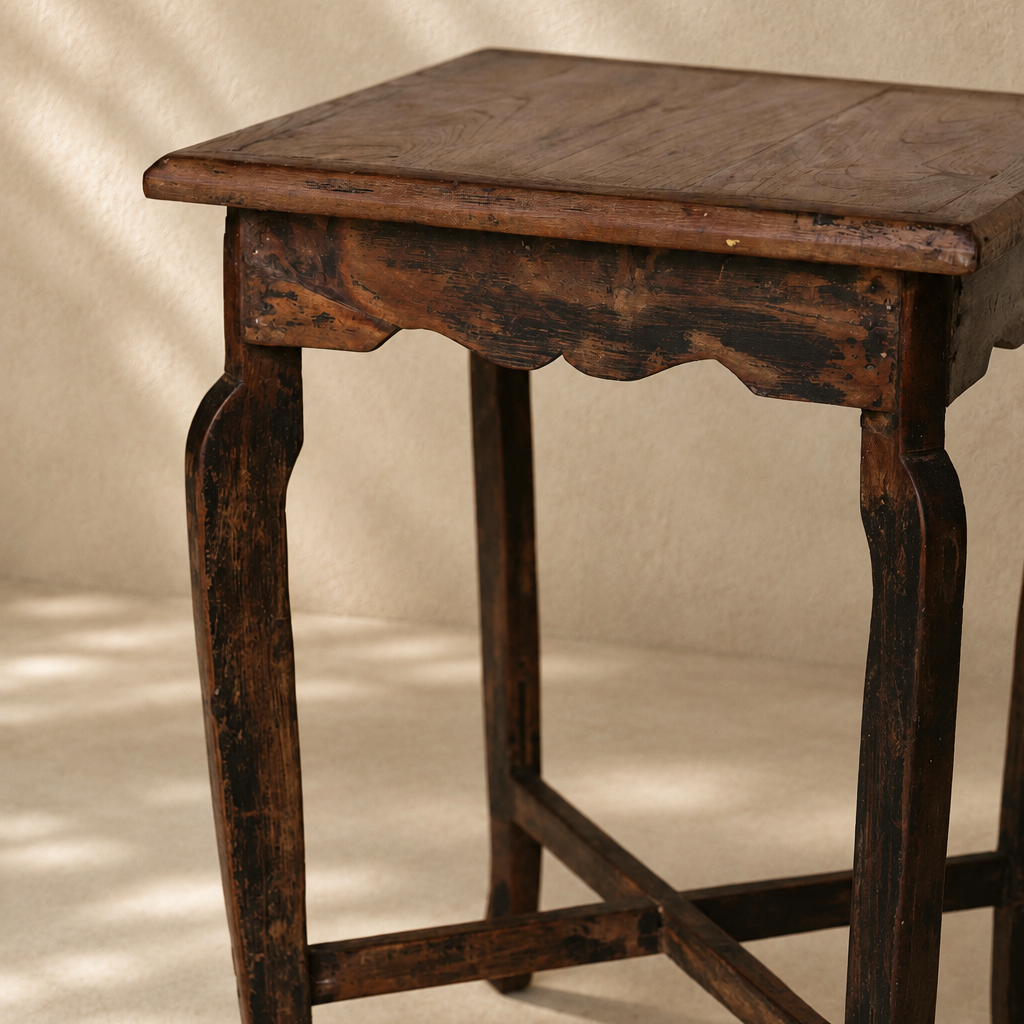 Vintage wooden side table from India, 45 x 61cm, with curved legs, scalloped apron and aged timber finish, exclusive to Brookfield Gardens Brisbane.