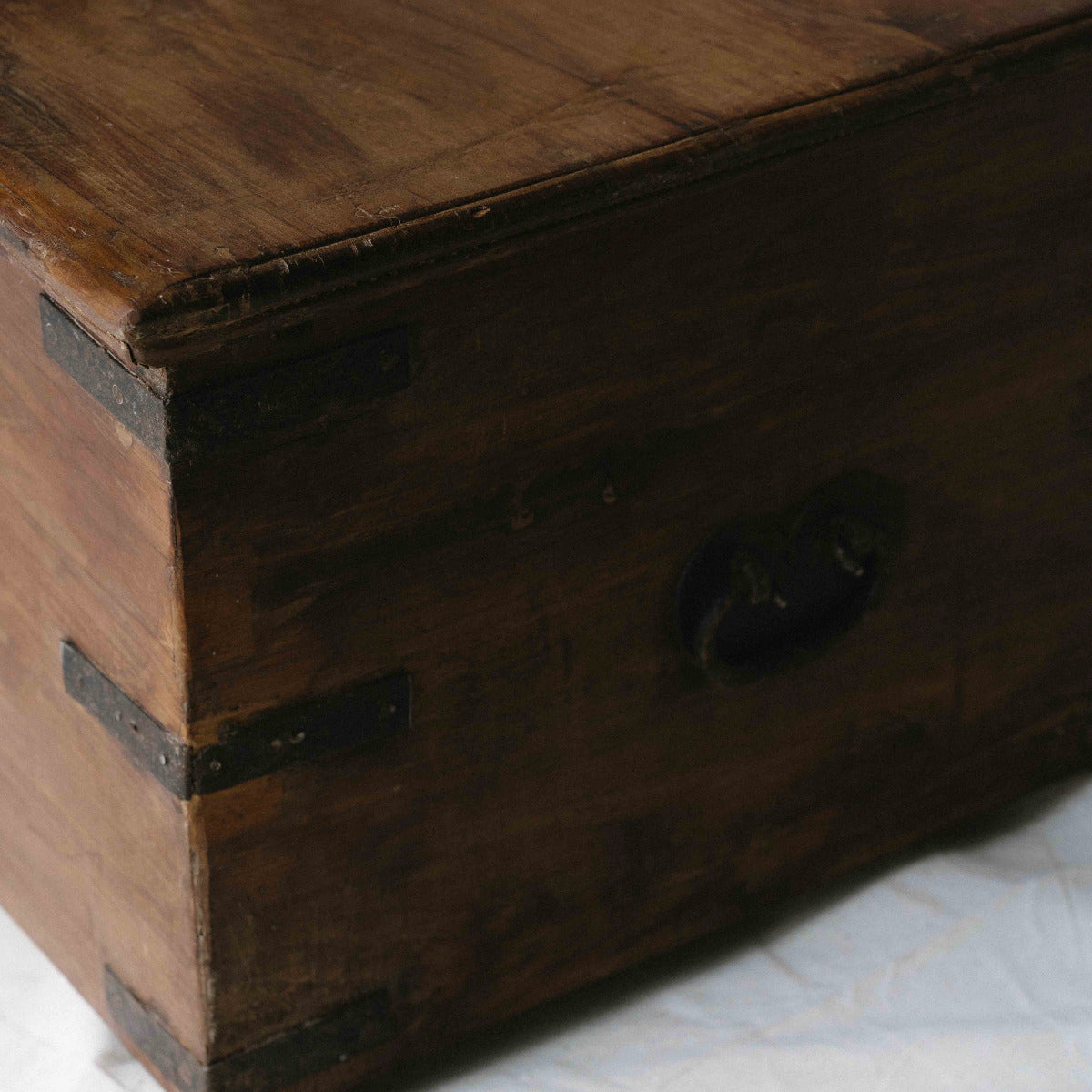 One-of-a-kind vintage Indian wooden coffee table with lift-up lid, hidden storage and original iron hardware. Exclusive to Brookfield Gardens Brisbane.