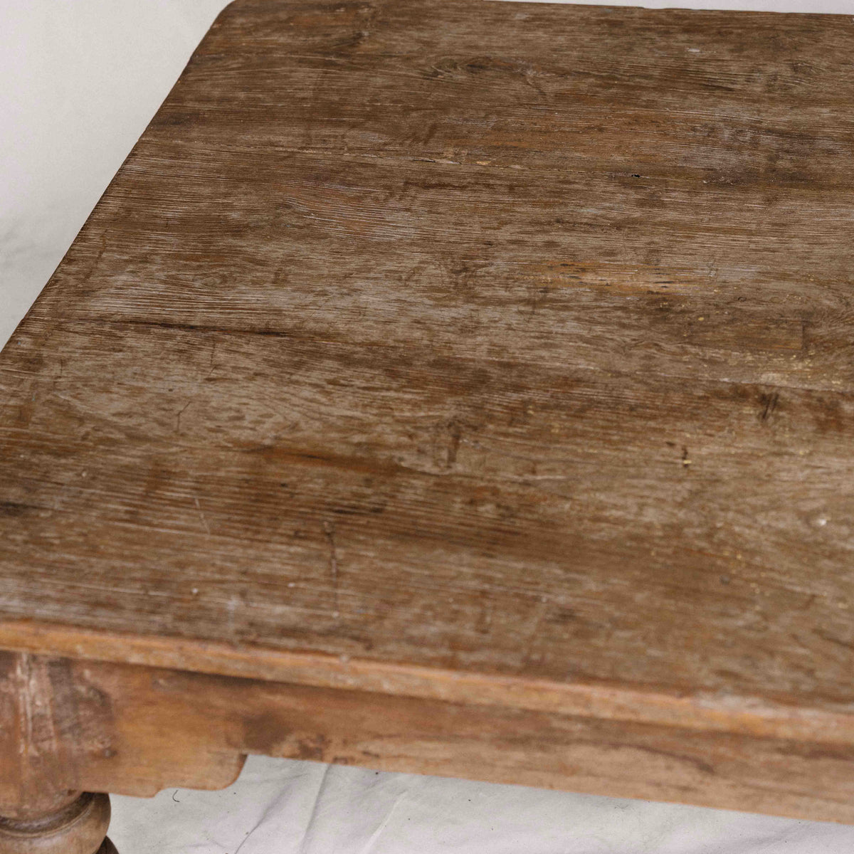 Large vintage wooden coffee table from India with turned legs and aged natural timber, ideal for living rooms and relaxed home interiors, exclusive to Brookfield Gardens.