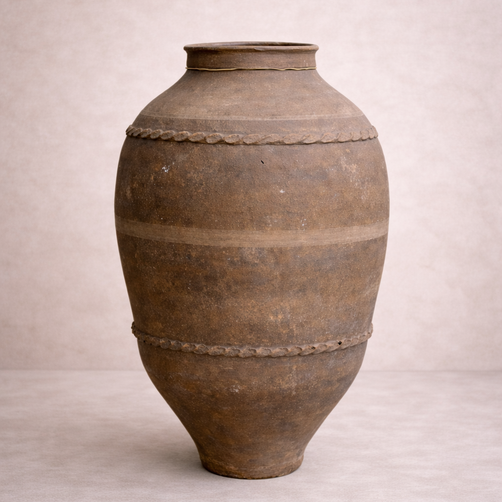 Ancient Turkish Odemis terracotta pot with weathered patina and rounded form, antique olive jar style available in Brisbane.