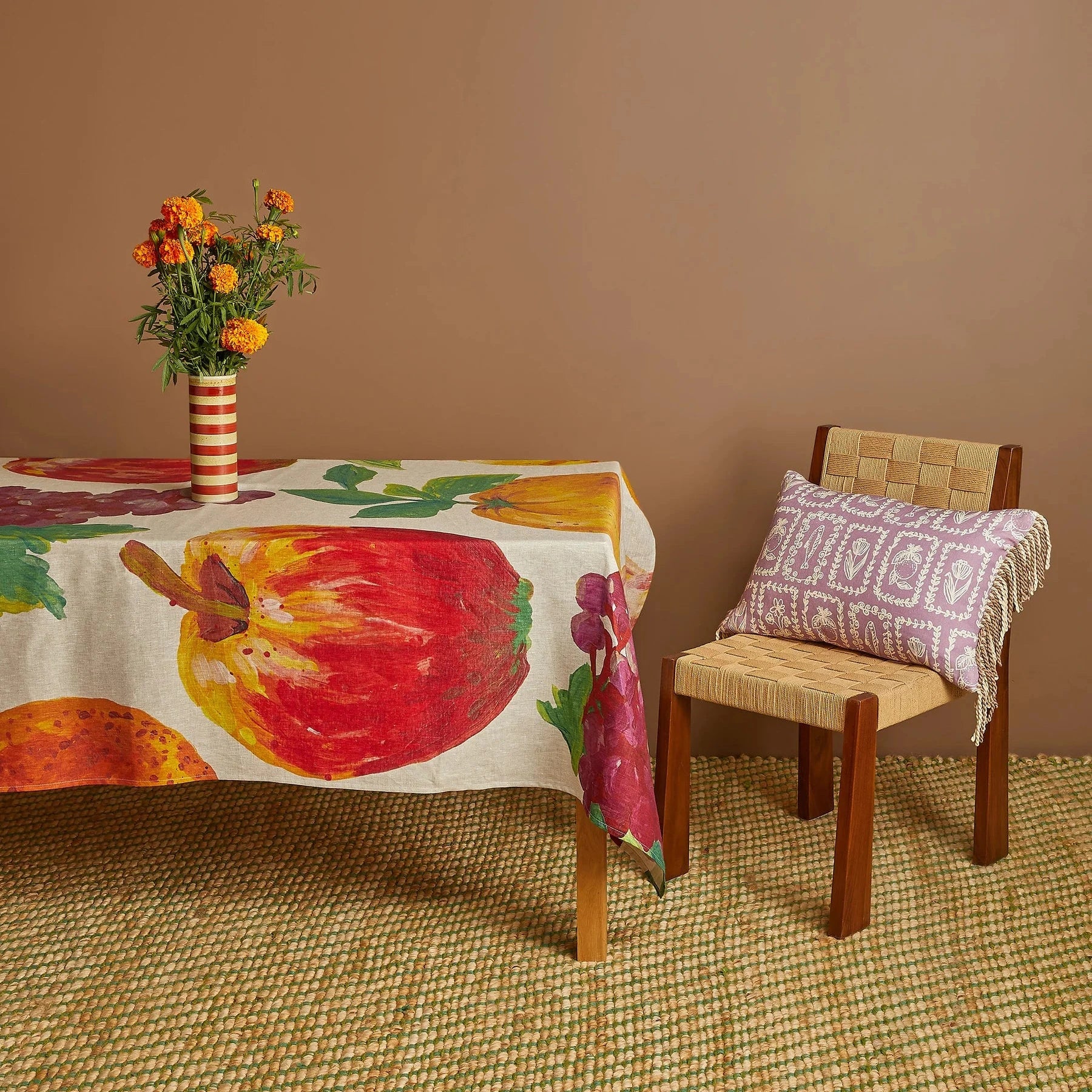 Bonnie and Neil Fruit Linen Tablecloth with colourful painterly fruit motifs in oat linen.