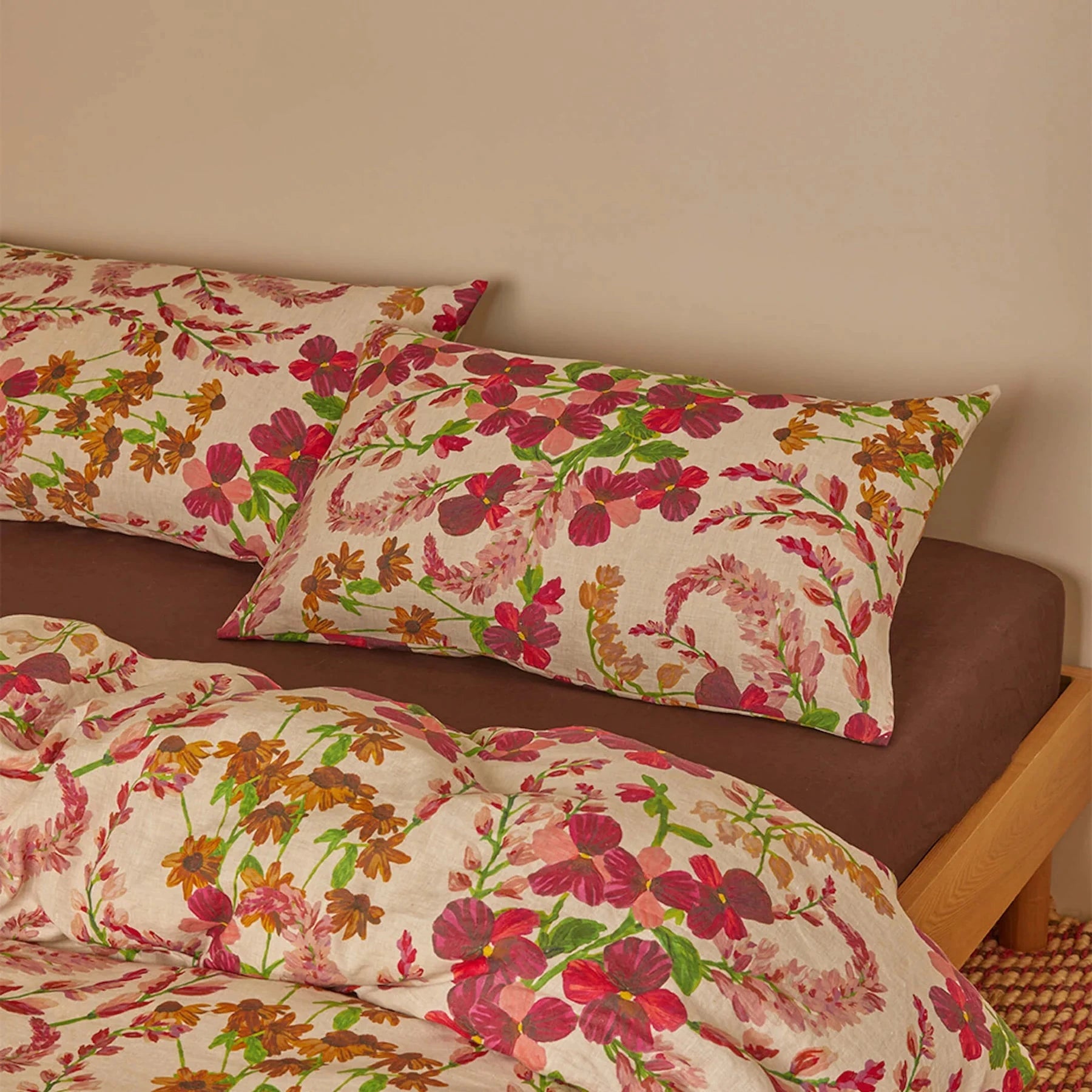 Bonnie & Neil Lupin Multi Linen Standard Pillowcases in stonewashed French flax linen with colourful hand-drawn botanical print