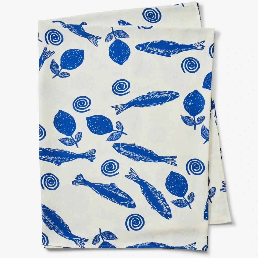 Bonnie & Neil Sardines Blue French flax linen tablecloth measuring 250 x 170cm with hand-painted sardine design on natural oat linen.