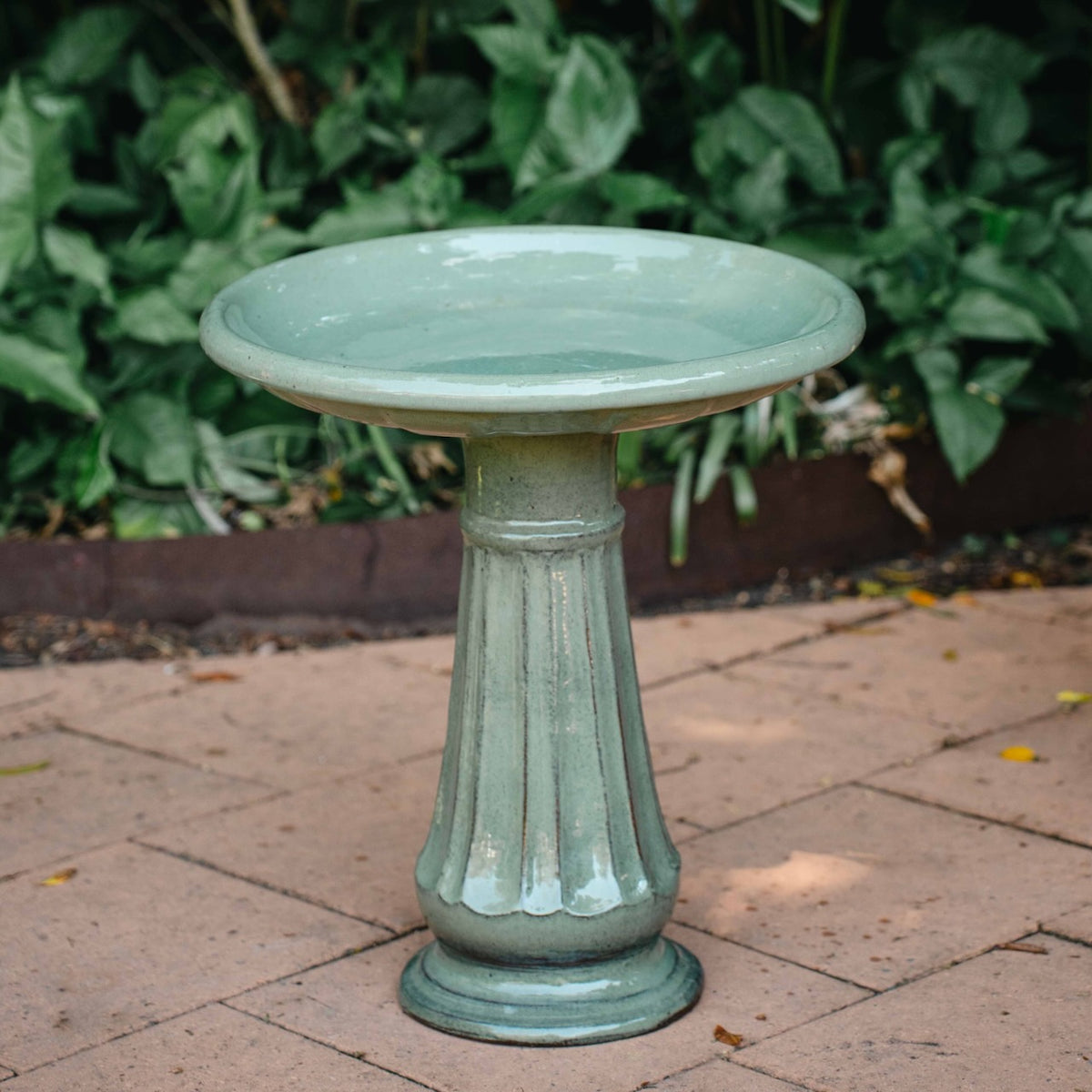 Corella Bird Bath in Pistachio with soft green glazed bowl and fluted pedestal, displayed in a leafy garden at Brookfield Gardens Brisbane.