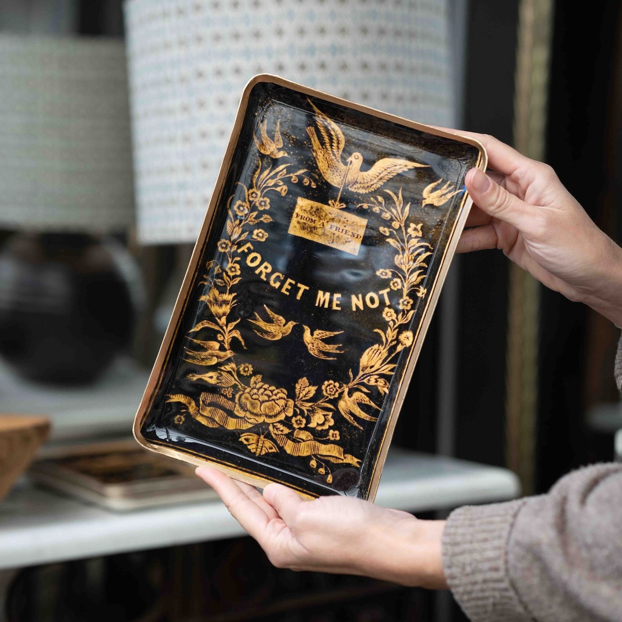 Victorian-inspired Forget Me Not decorative tray with swallows, floral motifs and antique gold detailing for elegant home styling.