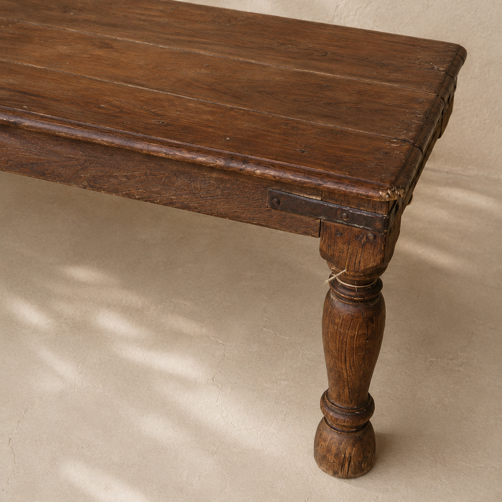 India Furniture wooden coffee table with aged timber finish and turned legs at Brookfield Gardens