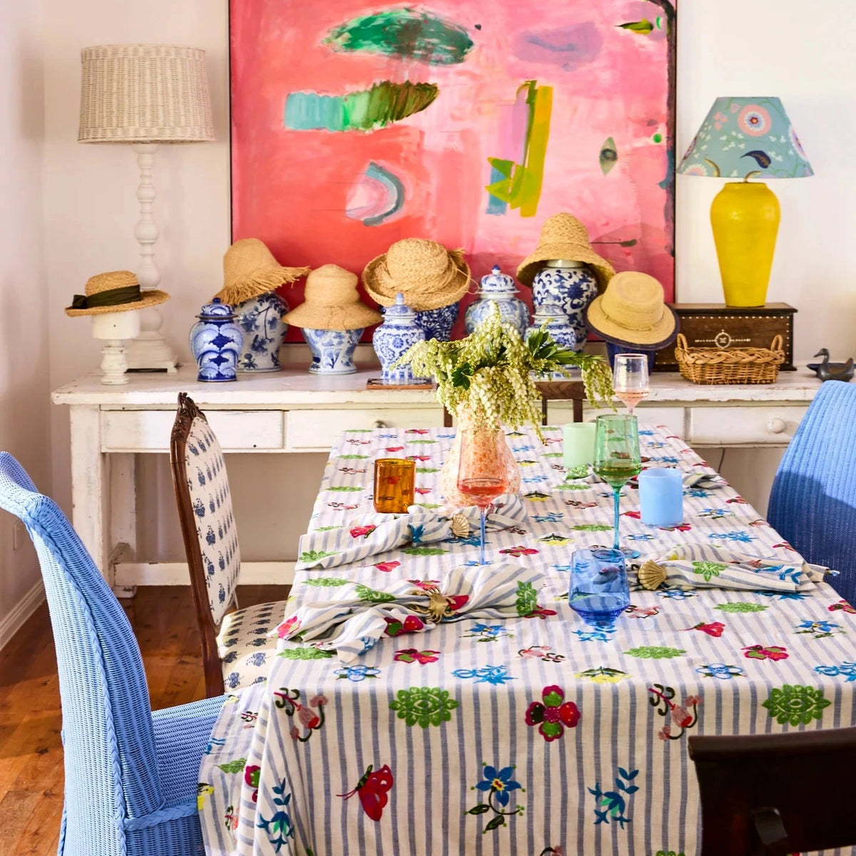 Kip & Co x Anna Spiro Malabar Floral Embroidered Tablecloth in Warm Floral Breeze, featuring decorative floral embroidery on a linen cotton blend.