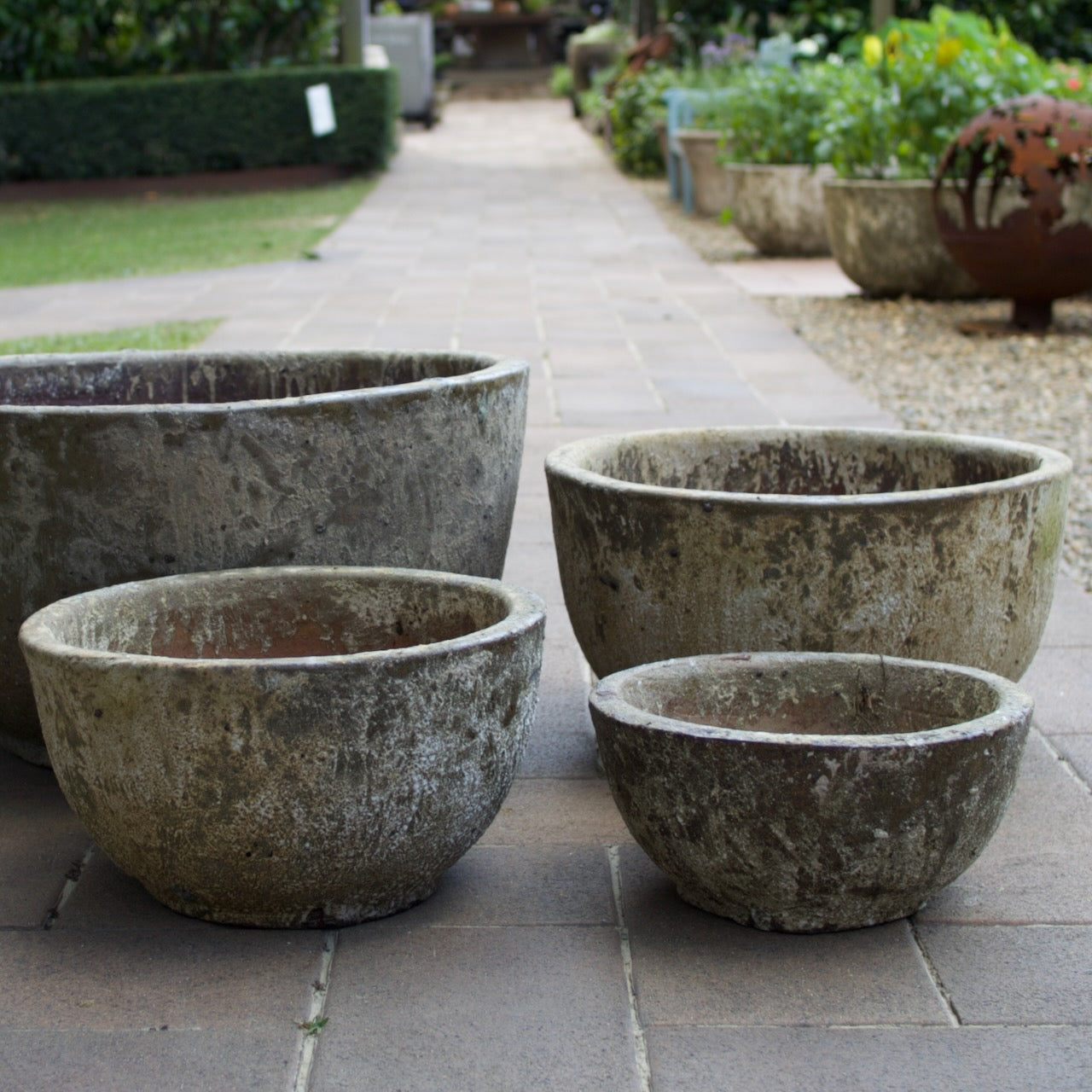 Rustica Footed Bowl Low with a timeless weathered finish. Available in multiple sizes at Brookfield Gardens, Brisbane.