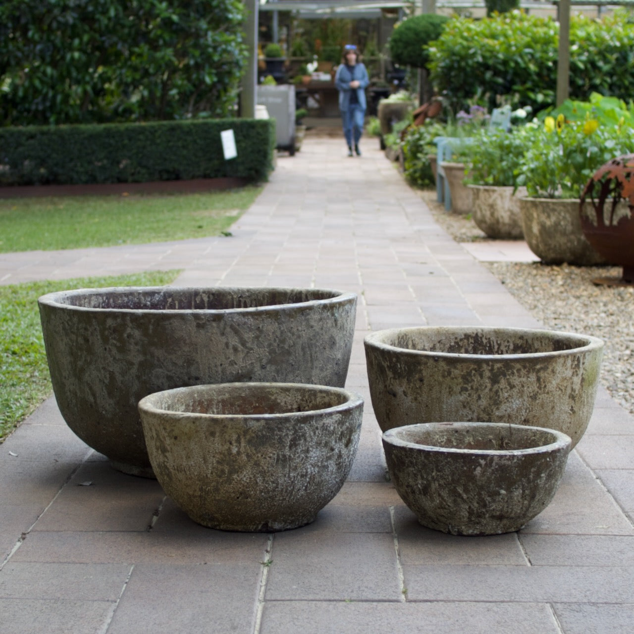 Rustica Footed Bowl Low with a timeless weathered finish. Available in multiple sizes at Brookfield Gardens, Brisbane.