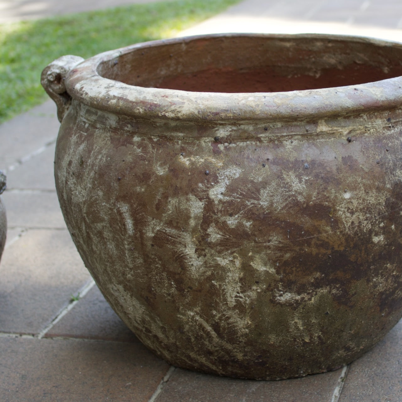 Rustica Rolled Handles Pots in two sizes with a weathered antique finish, displayed as Mediterranean-inspired feature pots at Brookfield Gardens, Brisbane.