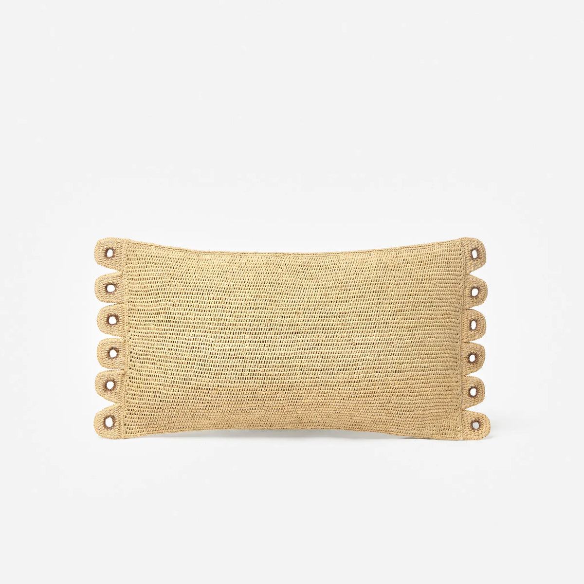 Tanora Lavaka Cushion 50 x 30cm, handwoven from natural raffia with decorative scalloped edges, available at Brookfield Gardens.
