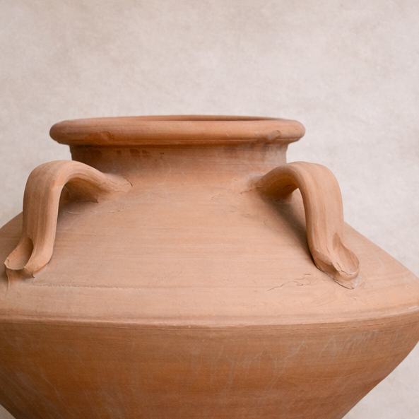 Turkish squat terracotta urn with wide sculptural form, ideal for Mediterranean gardens in Brisbane.