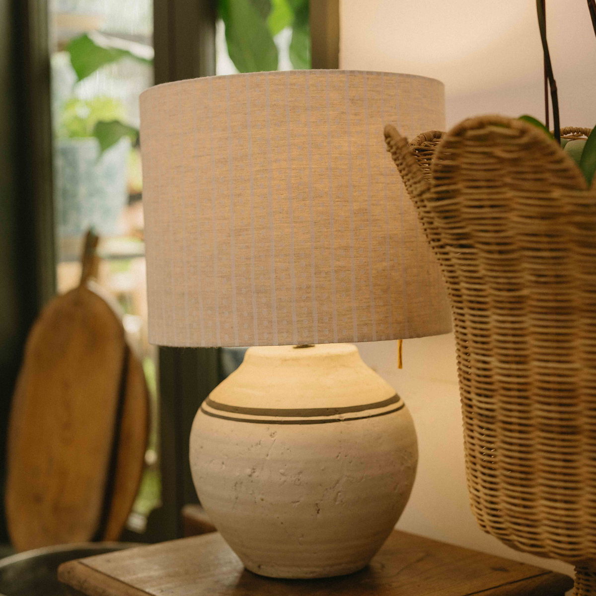Walter G patterned fabric lampshade styled on a ceramic table lamp at Brookfield Gardens Brisbane.