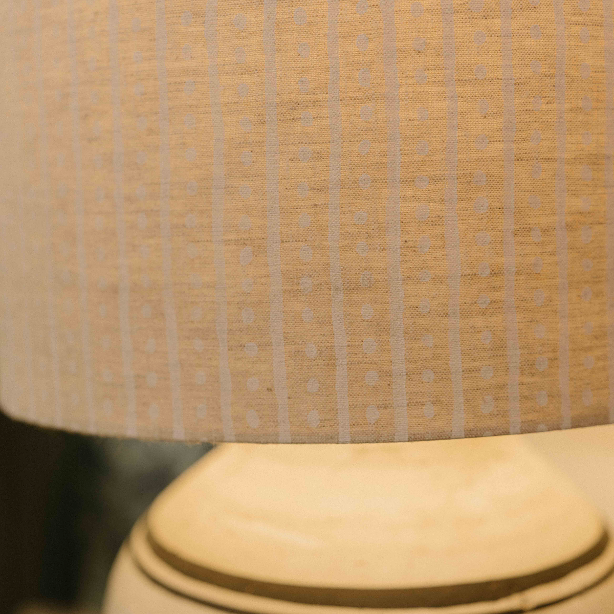 Walter G patterned fabric lampshade styled on a ceramic table lamp at Brookfield Gardens Brisbane.